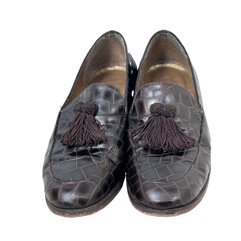 VTG Stuart Weitzman 90's croc-embossed leather upperTassel Loafers Womens Sz 6 M